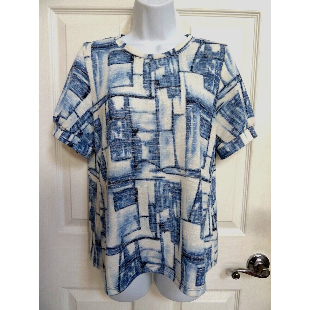 Bali Corp Womens Medium Short Puff Sleeve Sweater Blue White Geometric Pullover